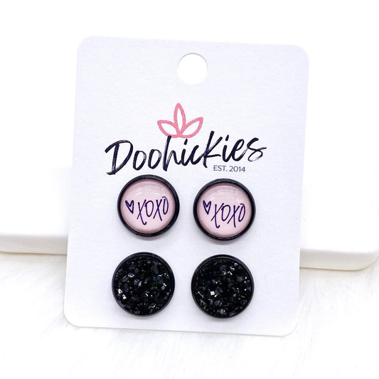 12mm Valentine Pink XOXO & Black in Black Settings -Earrings by Doohickies Wholesale