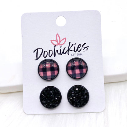 12mm Buffalo Plaid Duos in Black Settings -Earrings by Doohickies Wholesale