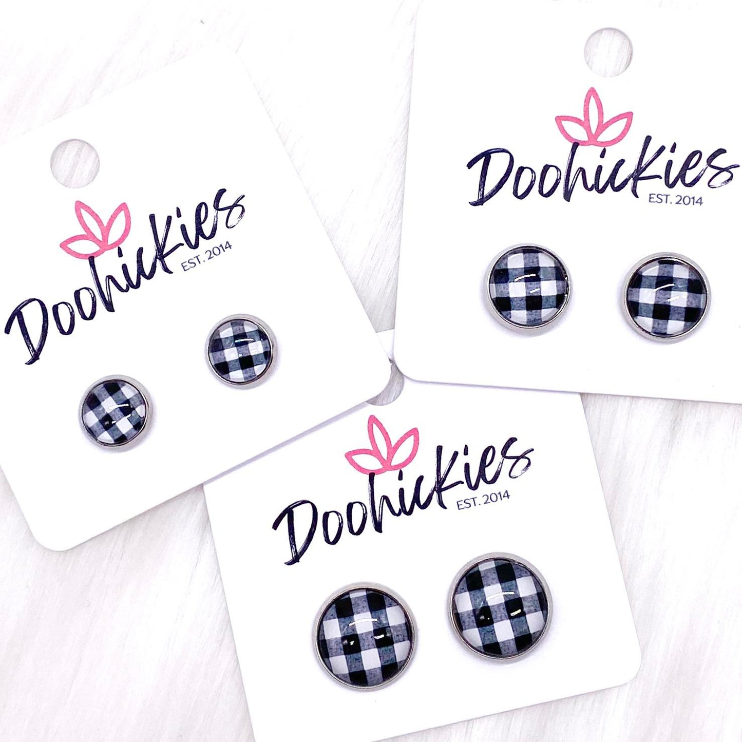 White Buffalo Plaid in Stainless Steel Settings -Earrings by Doohickies Wholesale