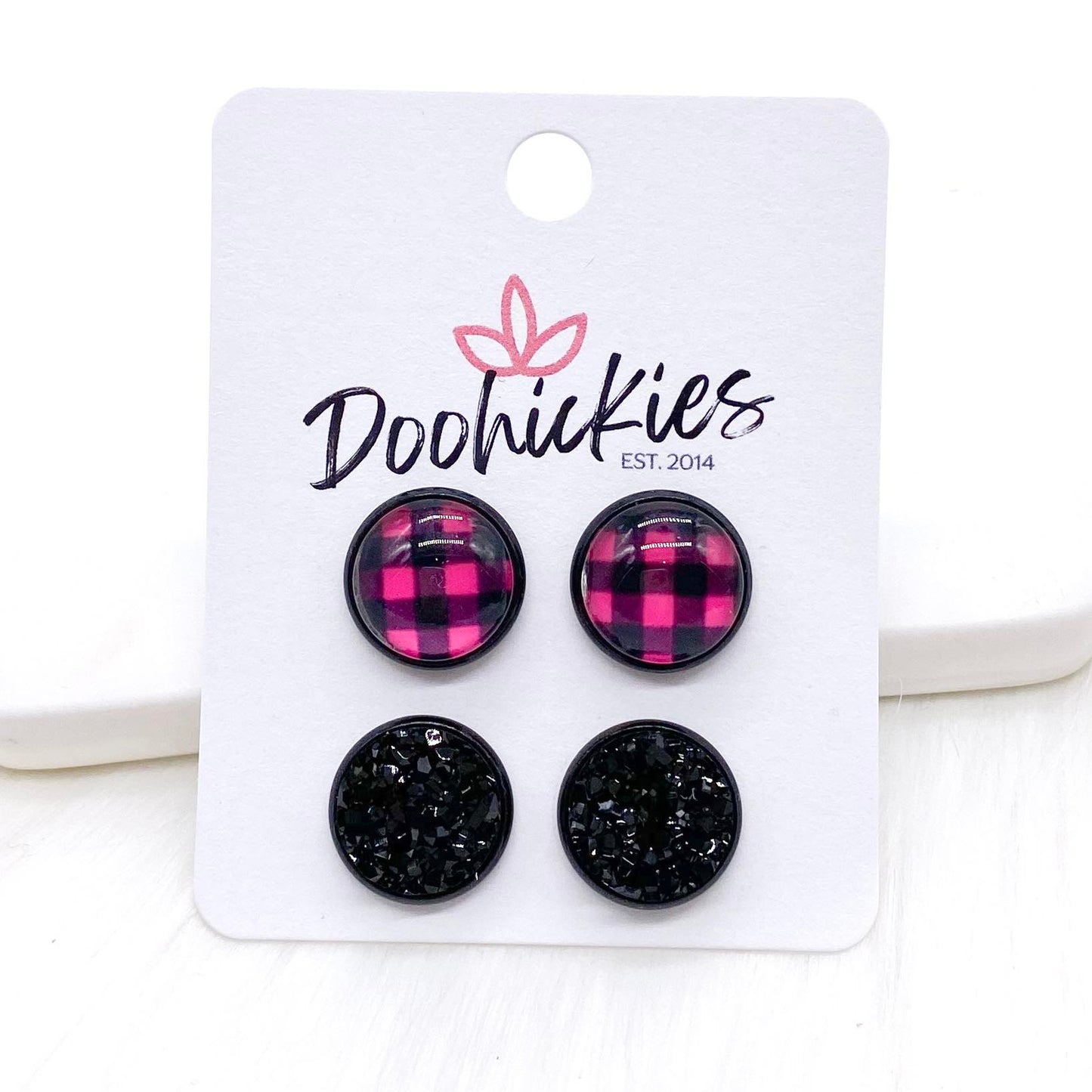 12mm Buffalo Plaid Duos in Black Settings -Earrings by Doohickies Wholesale