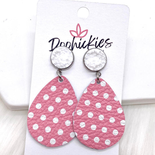 2" White & Pink Polka Dot Dangles (leather) - Breast Cancer Awareness Earrings by Doohickies Wholesale