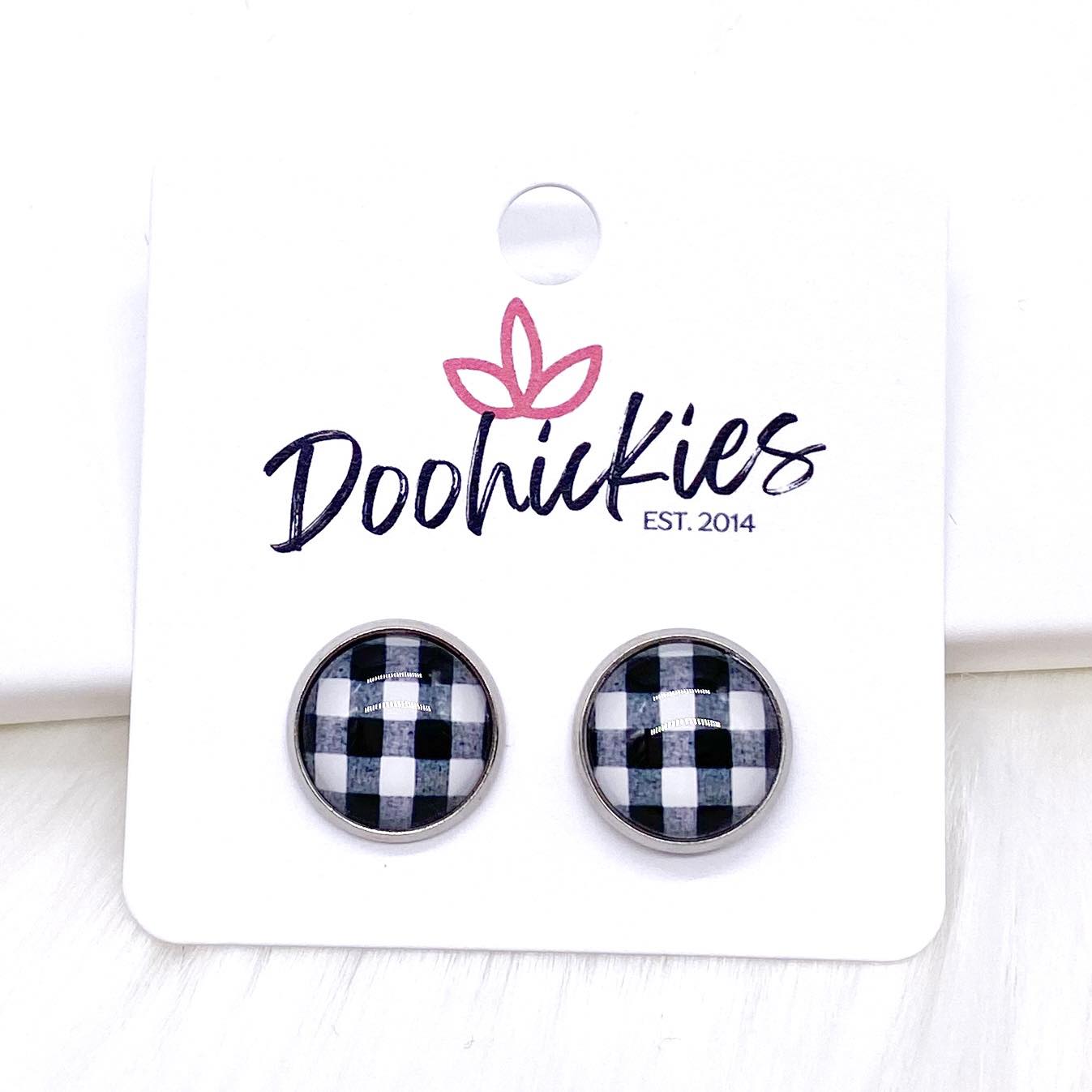 White Buffalo Plaid in Stainless Steel Settings -Earrings by Doohickies Wholesale