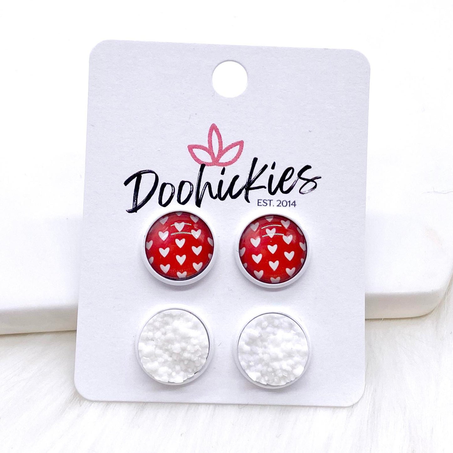 12mm White Hearts on Red & White in White Settings -Earrings by Doohickies Wholesale