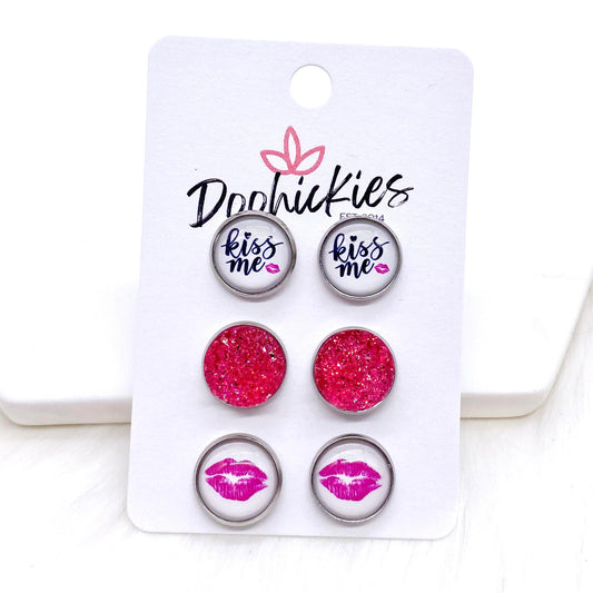 12mm Kiss Me/Hot Pink Sparkles/Hot Pink Lips in Stainless Steel Settings -Earrings by Doohickies Wholesale