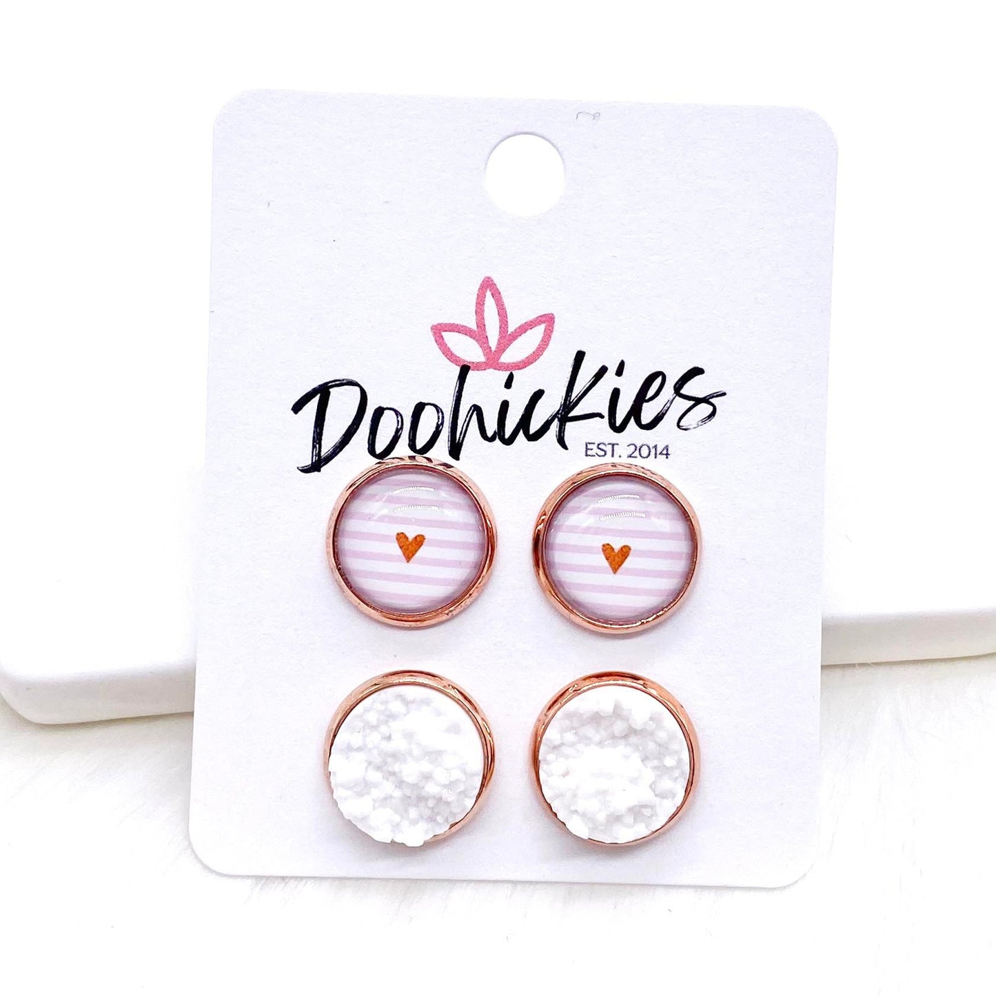 12mm Rose Gold Valentine Hearts on Pink Stripes & White in Rose Gold Settings -Earrings by Doohickies Wholesale