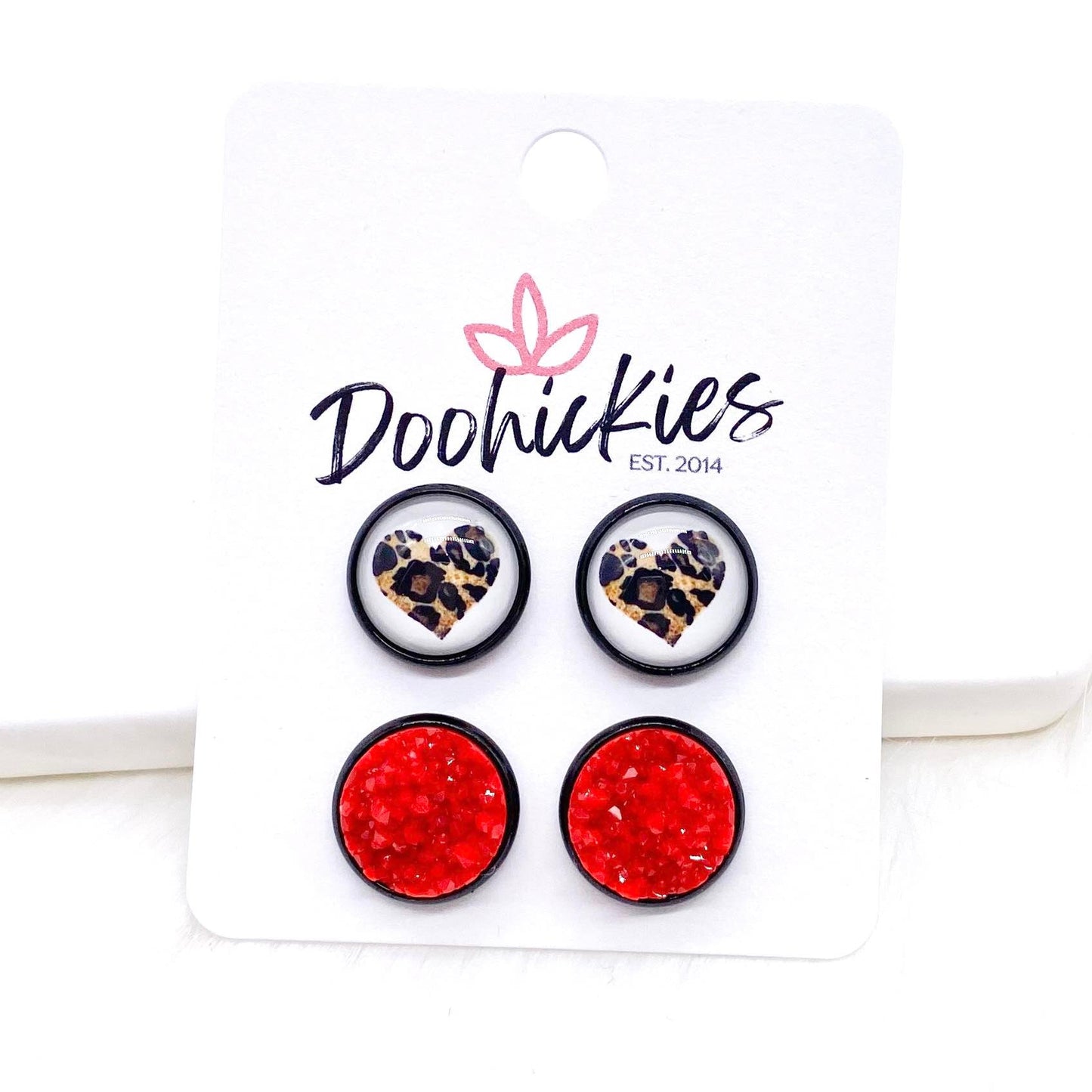 12mm Leopard Heart & Red Crystals in Black Settings -Earrings by Doohickies Wholesale