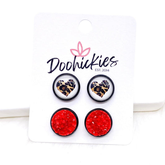 12mm Leopard Heart & Red Crystals in Black Settings -Earrings by Doohickies Wholesale