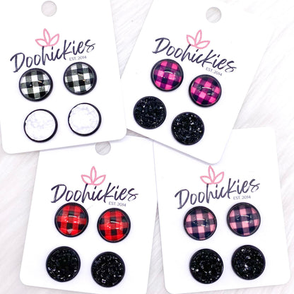 12mm Buffalo Plaid Duos in Black Settings -Earrings by Doohickies Wholesale