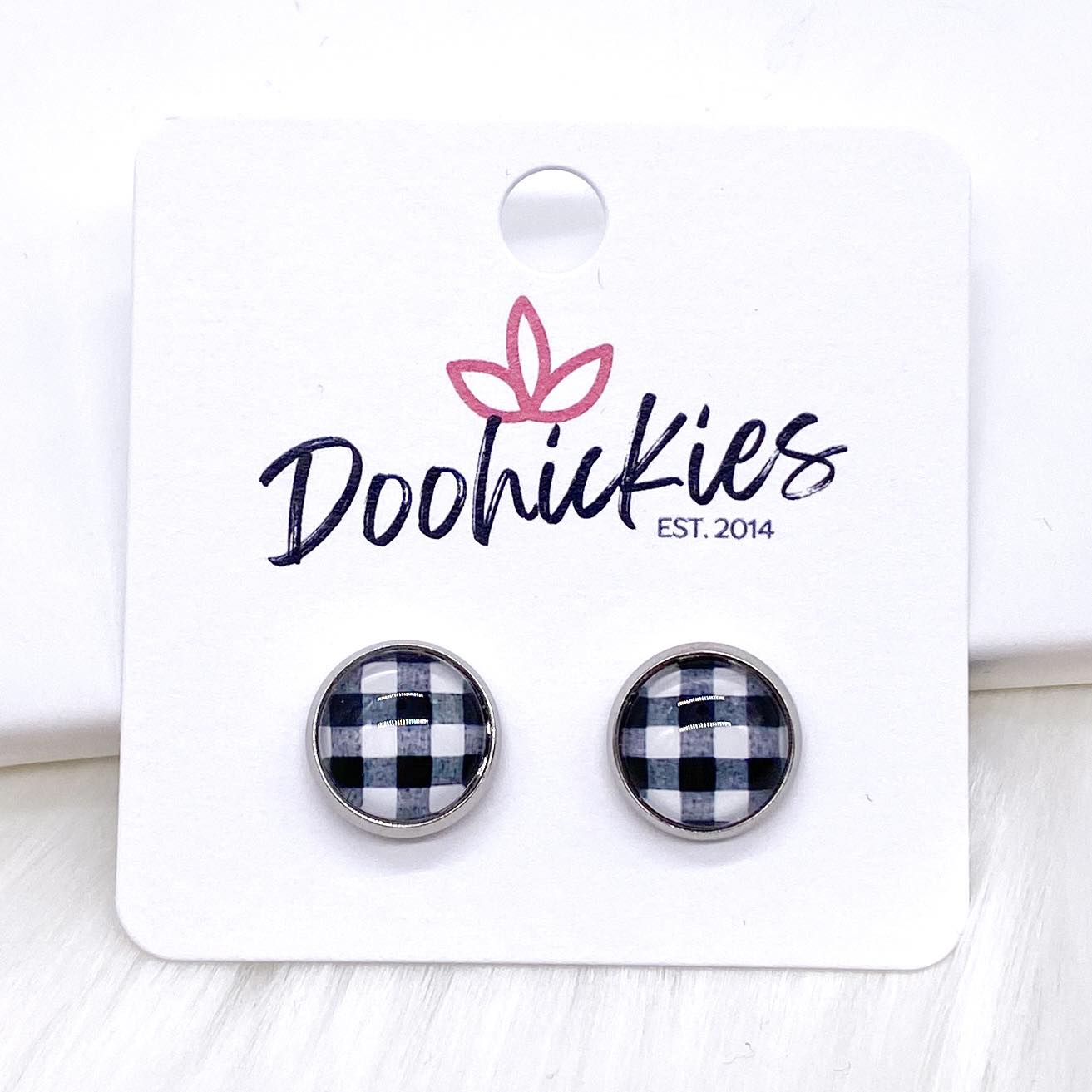 White Buffalo Plaid in Stainless Steel Settings -Earrings by Doohickies Wholesale