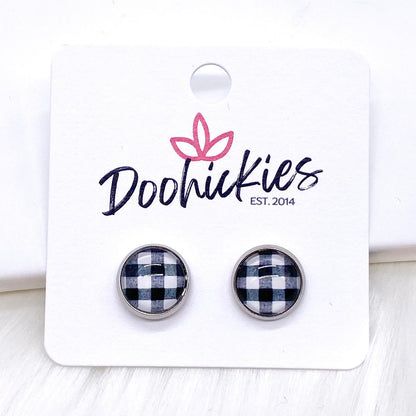 White Buffalo Plaid in Stainless Steel Settings -Earrings by Doohickies Wholesale