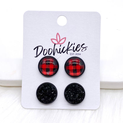 12mm Buffalo Plaid Duos in Black Settings -Earrings by Doohickies Wholesale