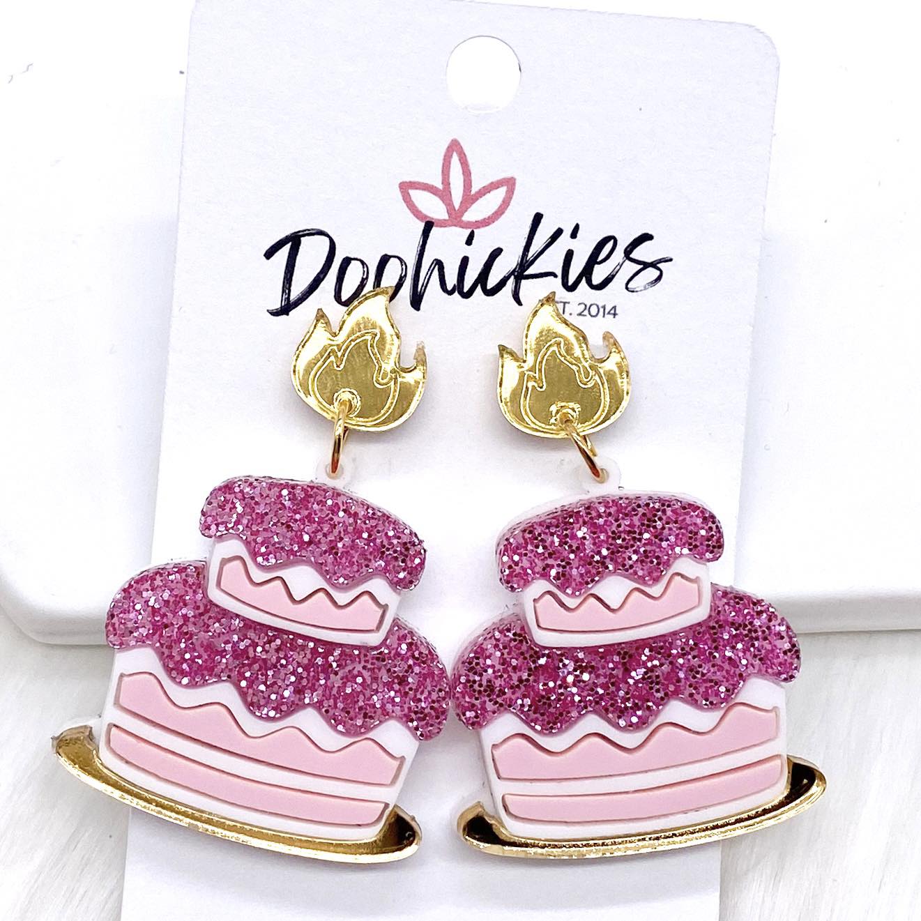 1.5" Pink Glitter Cake Acrylic Dangles -Birthday Earrings by Doohickies Wholesale