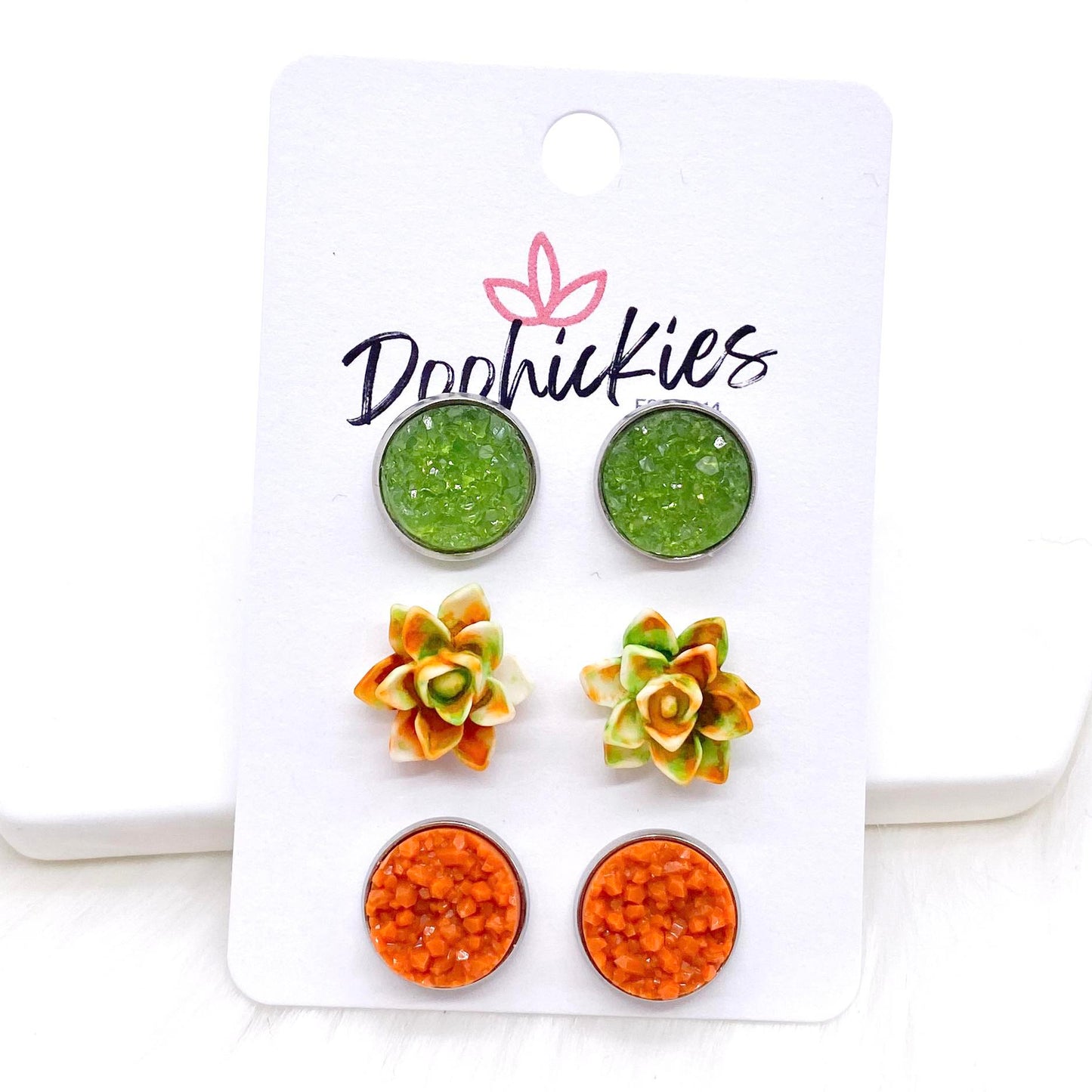 12mm Pear Sparkles/Burnt Orange & Moss Green Succulents/Burnt Orange Crystals in Stainless Steel Settings -Earrings by Doohickies Wholesale