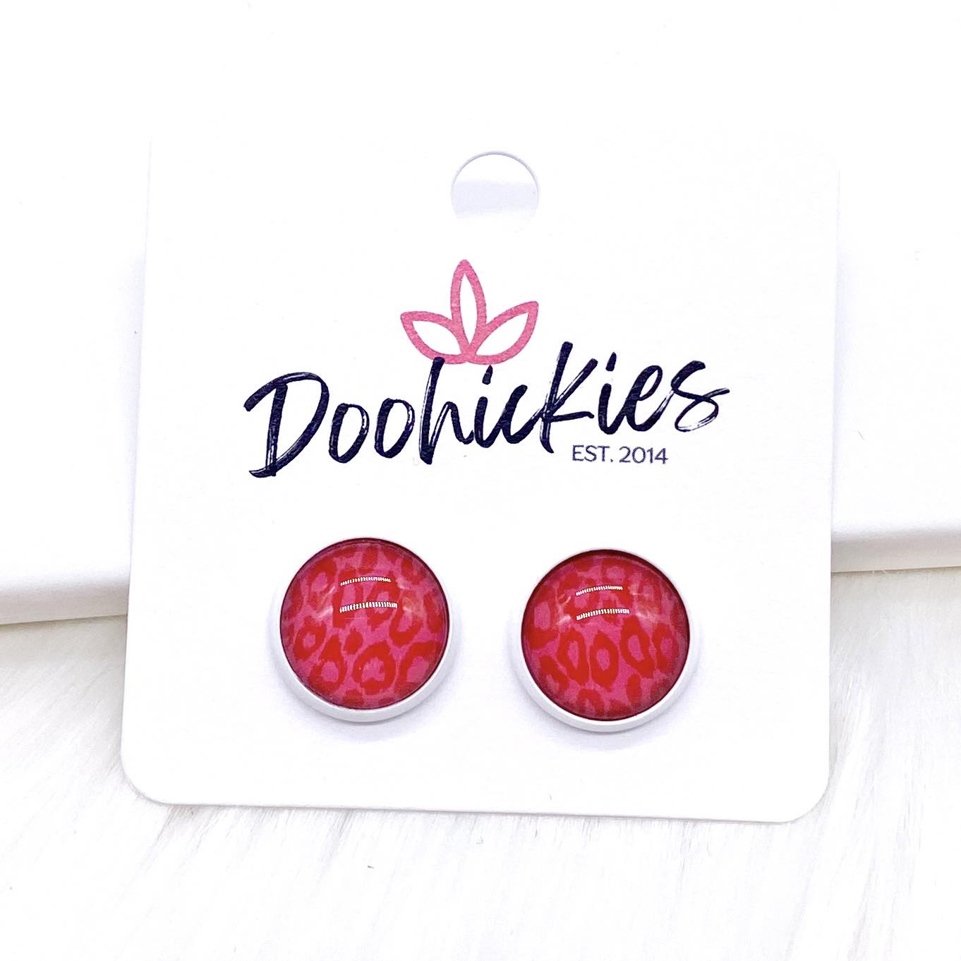 12mm Red Leopard in White Settings -Earrings by Doohickies Wholesale