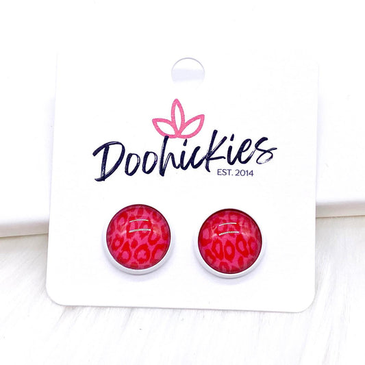 12mm Red Leopard in White Settings -Earrings by Doohickies Wholesale