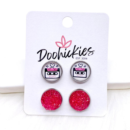 12mm Love Songs & Hot Pink Sparkles in Stainless Steel Settings -Earrings by Doohickies Wholesale