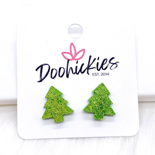 15mm Glittery Green Christmas Tree Studs -Earrings by Doohickies Wholesale