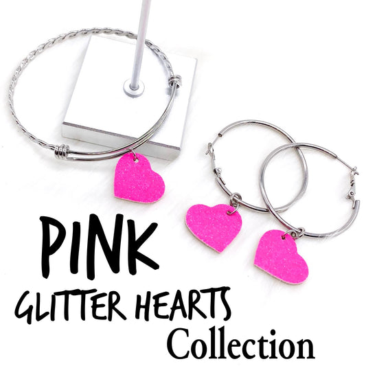 Pink Glitter Valentine Heart Collection (Earrings and Bracelet Sold Separately) by Doohickies Wholesale