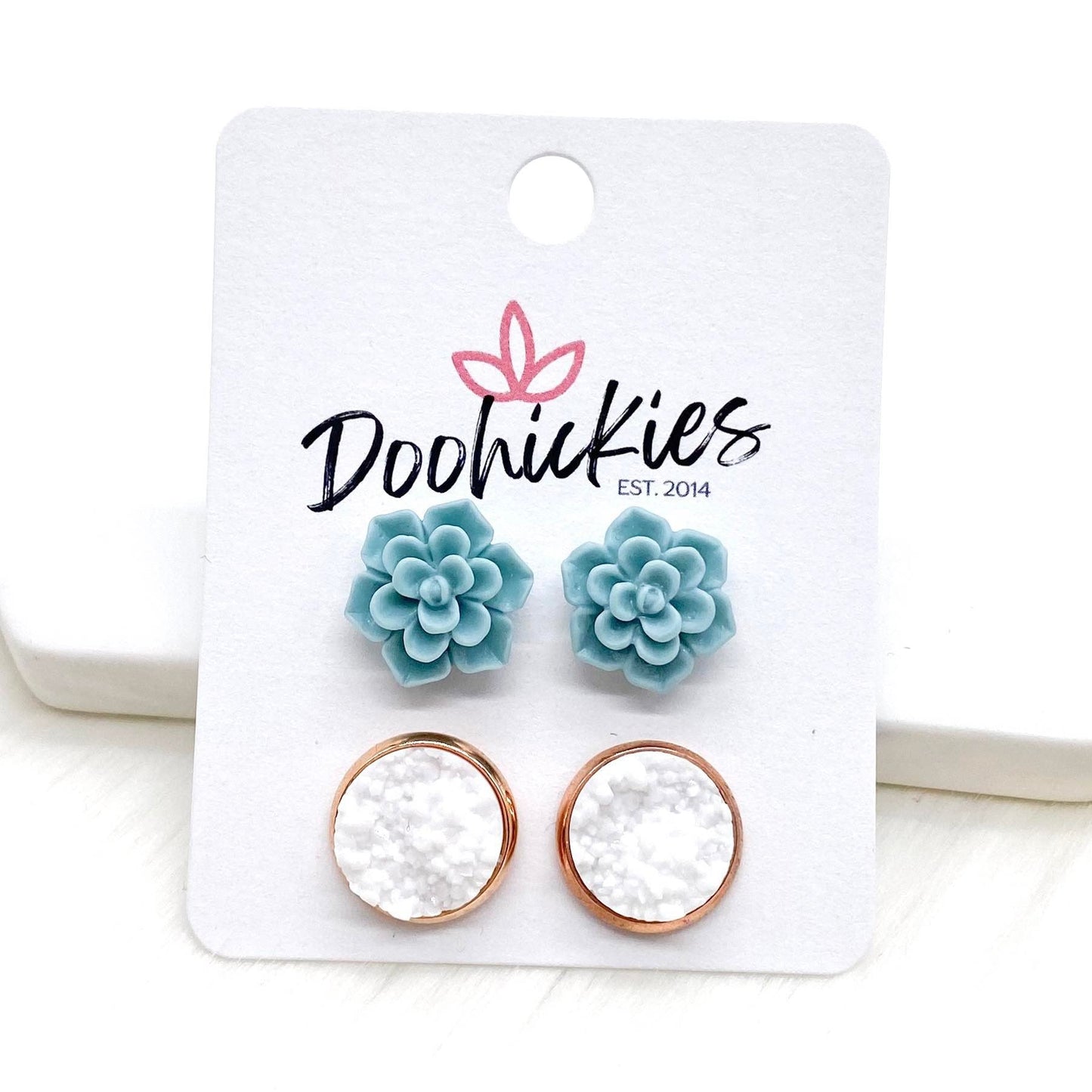 12mm Sage Succulents & White in Rose Gold Settings -Earrings by Doohickies Wholesale