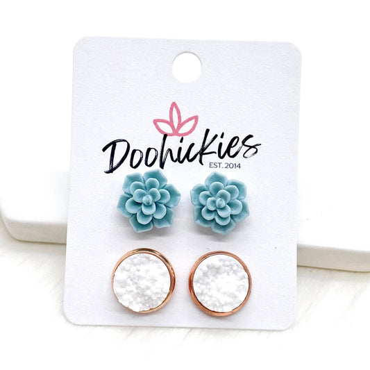 12mm Sage Succulents & White in Rose Gold Settings -Earrings by Doohickies Wholesale