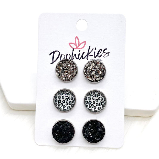 12mm Gunmetal/Silver Leopard/Black in Stainless Steel Settings -Earrings by Doohickies Wholesale