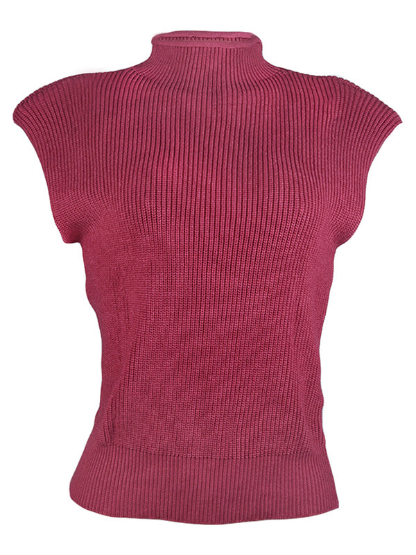 Casual Cap Sleeve Solid Color High-Neck Sweater Tops Pullovers by migunica