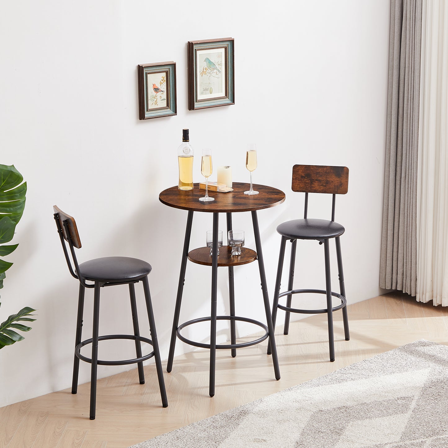 Round bar stool set with shelf, upholstered stool with backrest, Rustic Brown, 23.62'' W x 23.62'' D x 35.43'' H