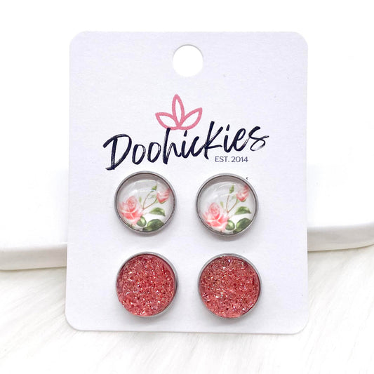 12mm Pink Roses & Flamingo Sparkles in Stainless Steel Settings -Earrings by Doohickies Wholesale