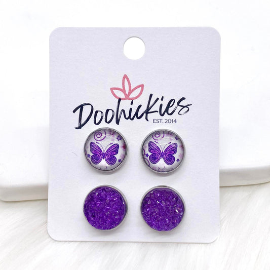 12mm Purple Butterfly & Purple Sparkles in Stainless Steel Settings -Earrings by Doohickies Wholesale