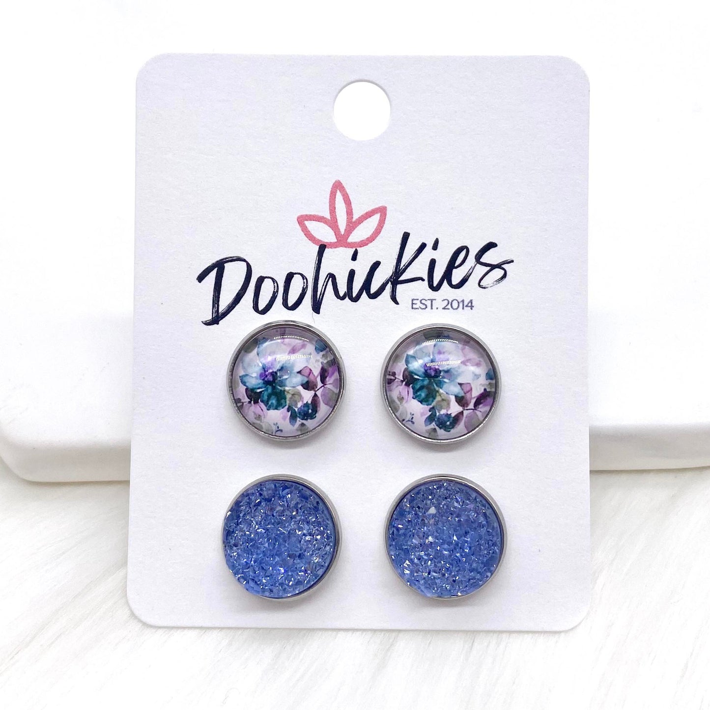 12mm Orchid Floral & Orchid Sparkles in Stainless Steel Settings -Earrings by Doohickies Wholesale