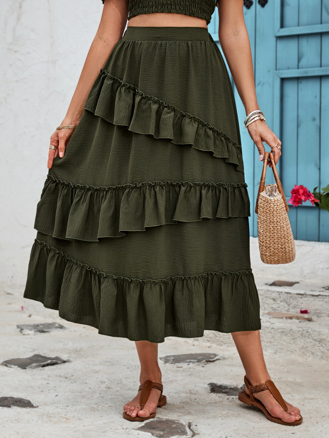 Ruffled Elastic Waist Midi Skirt by BlakWardrob