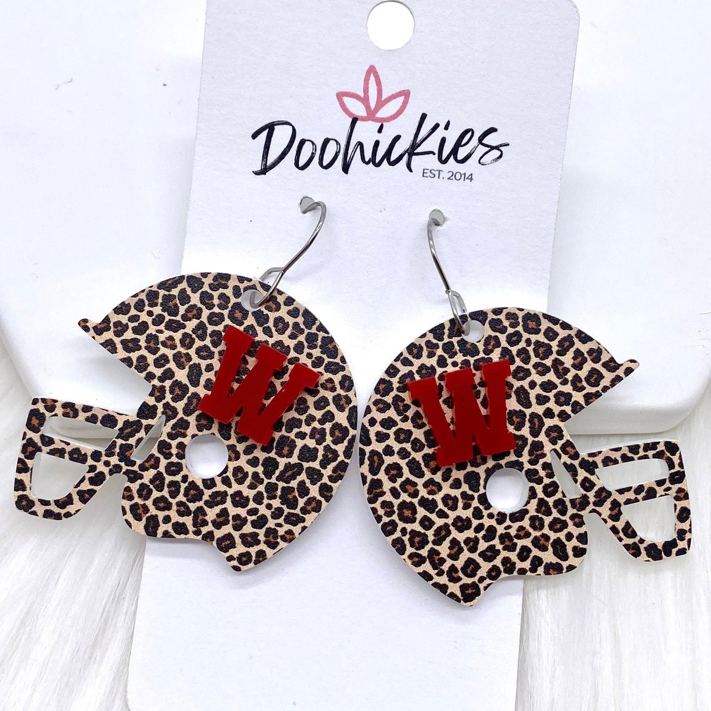 1.5" Varsity Letter Leopard Helmets (Comment w/Letters) -Sports Earrings by Doohickies Wholesale