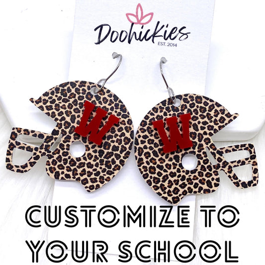 1.5" Varsity Letter Leopard Helmets (Comment w/Letters) -Sports Earrings by Doohickies Wholesale