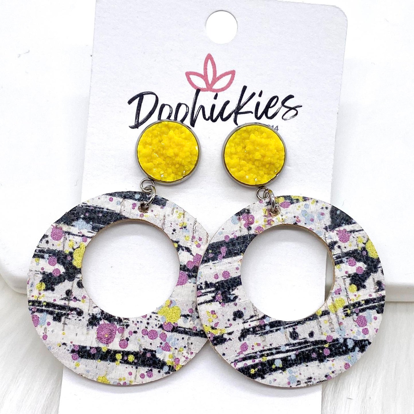 2" Yellow Crystals & Splattered Lil' O Dangles- Earrings by Doohickies Wholesale