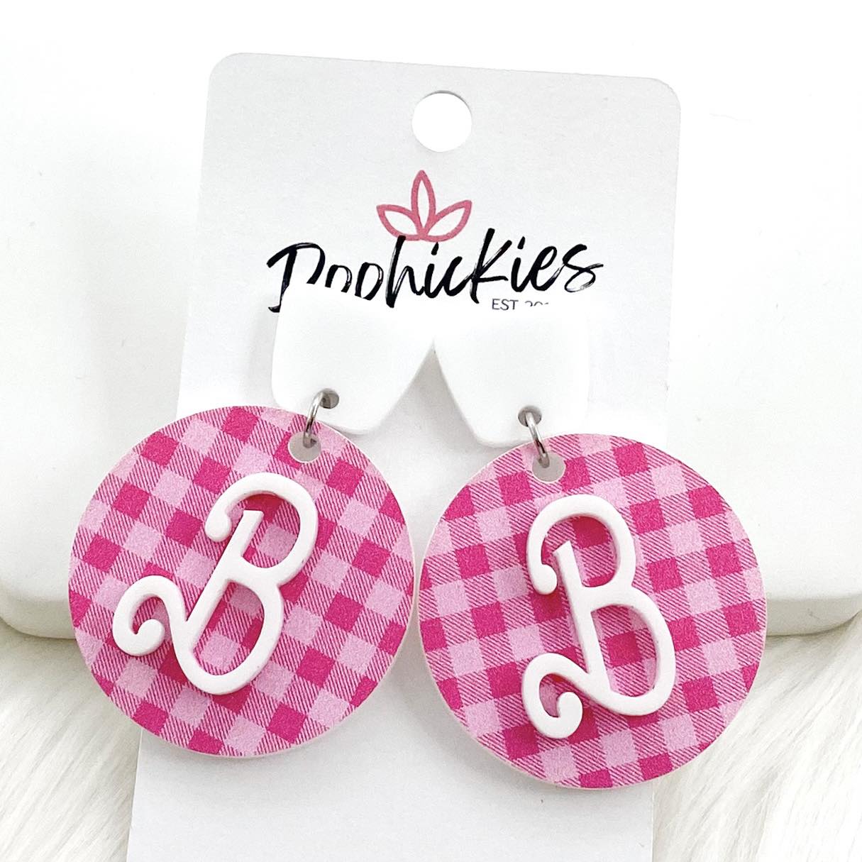 2" Pink Gingham & B Layered Acrylic Drops -Earrings by Doohickies Wholesale