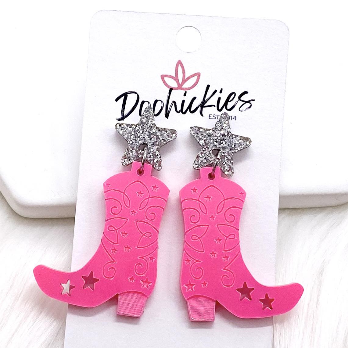 2" Glitzy Boot Scootin' Acrylic Dangles - Earrings by Doohickies Wholesale