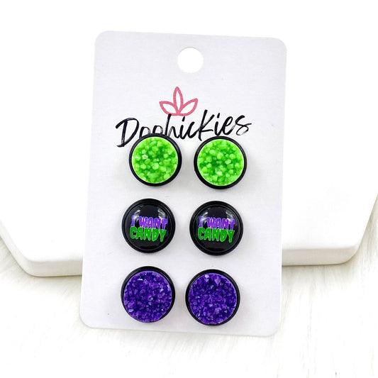 12mm Neon Green/I Want Candy/Grape in Black Settings - Halloween Earrings by Doohickies Wholesale