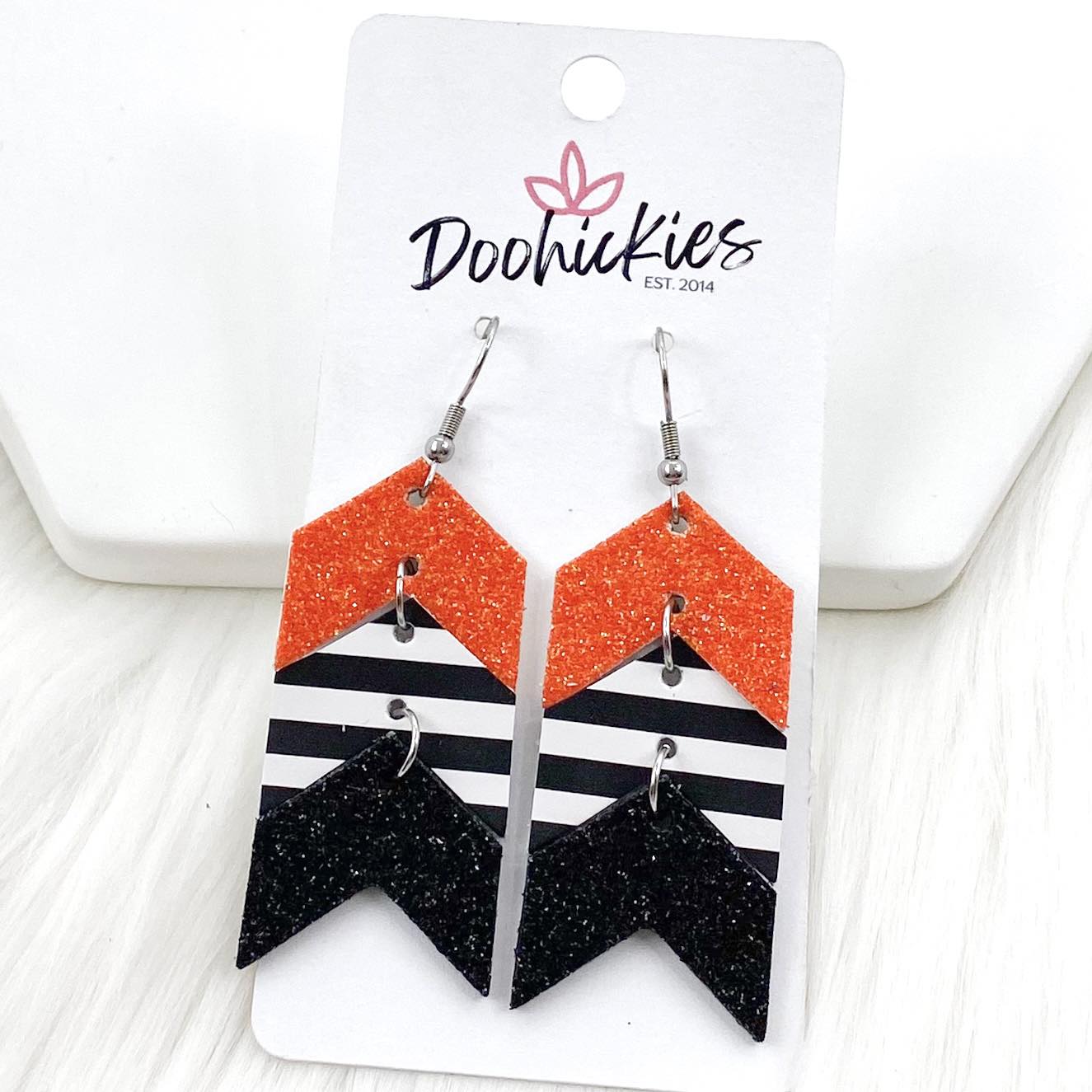 2.5" Glitter Orange/Stripes/Glitter Black Mini Arrows - Halloween Earrings by Doohickies Wholesale