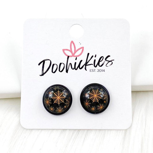 12mm Orange Webs in Black Settings - Halloween Earrings by Doohickies Wholesale