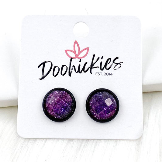 12mm Iridescent Purple Glitter in Black Settings - Halloween Earrings by Doohickies Wholesale