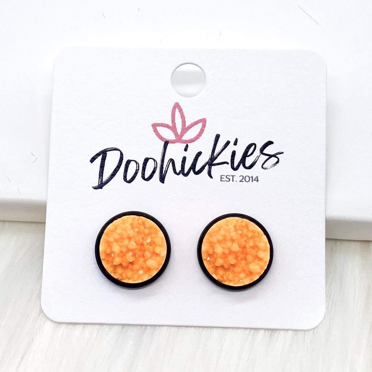 12mm Bright Orange Crystals in Black Settings - Halloween Earrings by Doohickies Wholesale