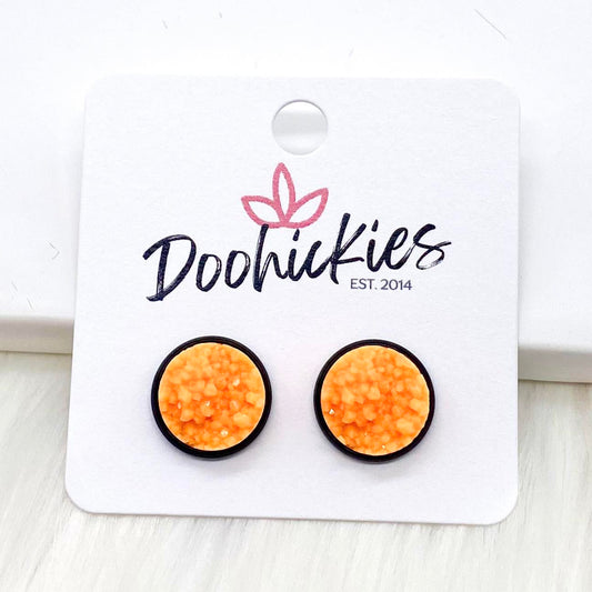 12mm Bright Orange Crystals in Black Settings - Halloween Earrings by Doohickies Wholesale