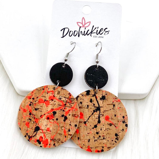 2.5" Black & Natural Paint Splatter Piggyback Corkies -Earrings by Doohickies Wholesale