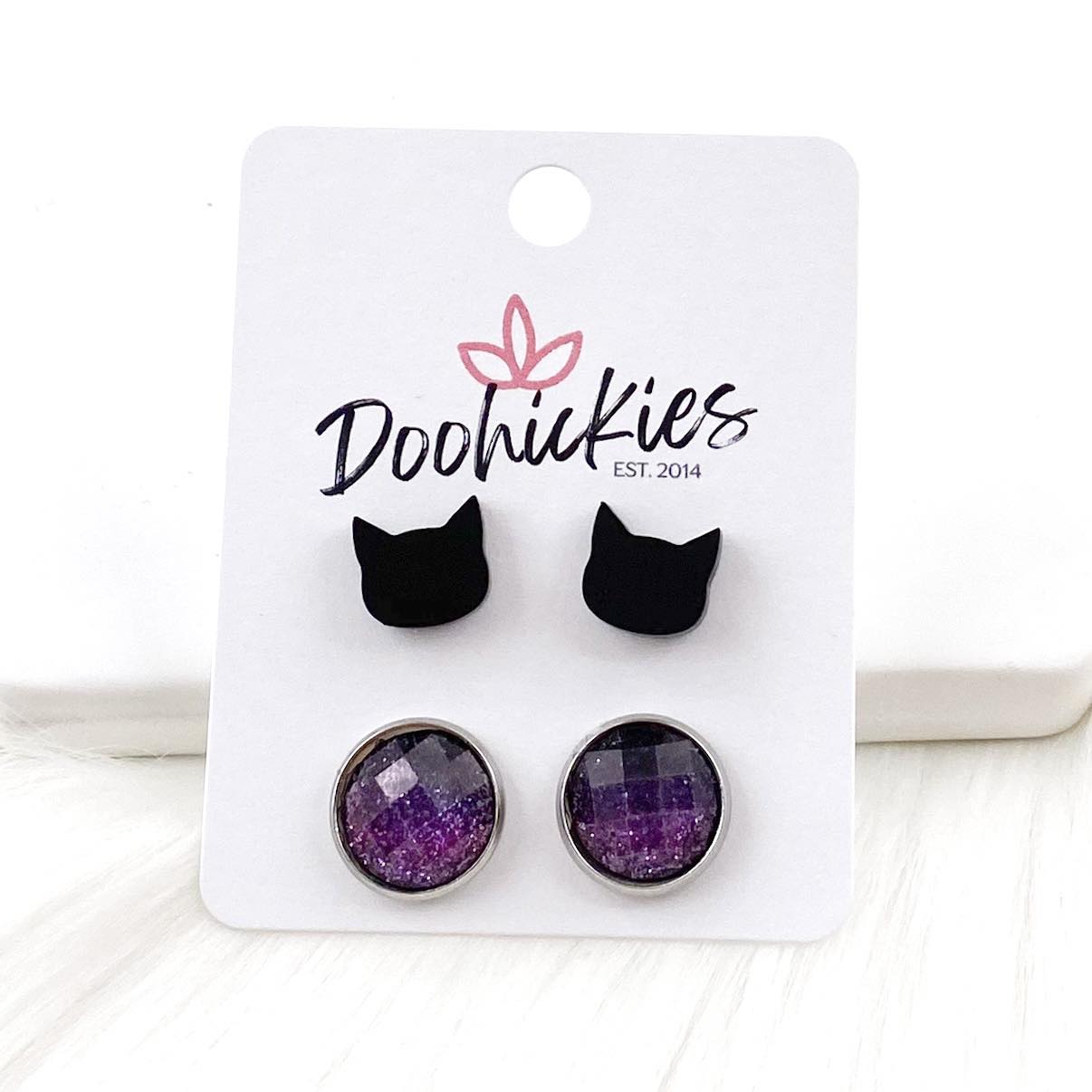 12mm Solid Black Cat Head & Iridescent Purple in Stainless Steel Settings - Halloween Earrings by Doohickies Wholesale