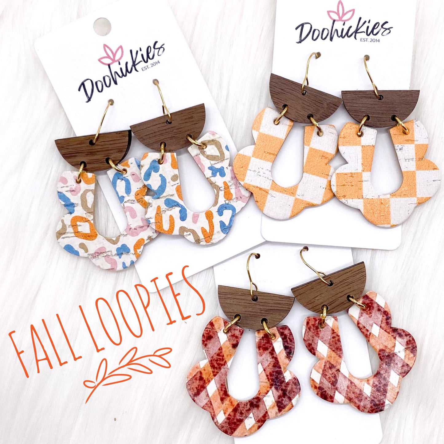 2.5" Walnut & Fall Cork Loopies- Fall Earrings by Doohickies Wholesale