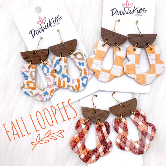 2.5" Walnut & Fall Cork Loopies- Fall Earrings by Doohickies Wholesale