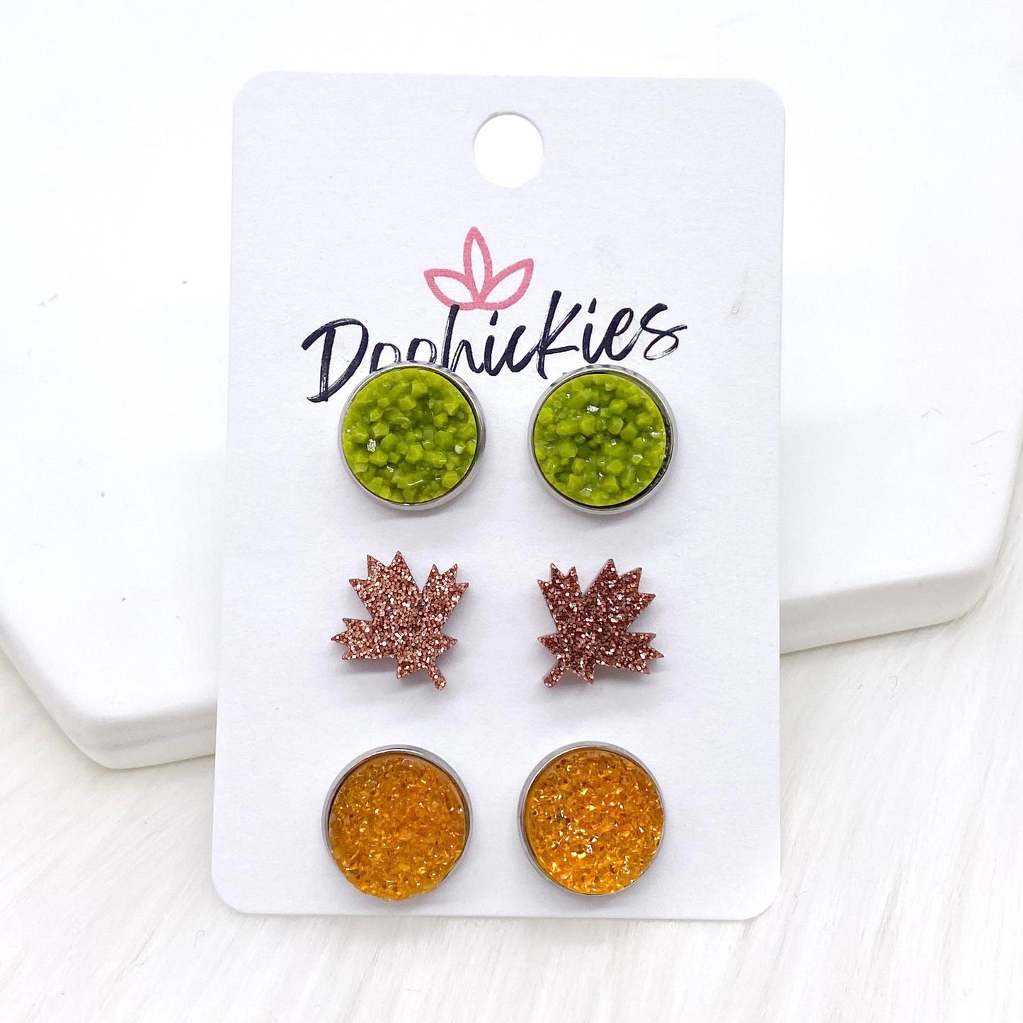 12mm Moss/Leaf/Autumn Yellow Sparkles in Stainless Steel Settings -Fall Stud Earrings by Doohickies Wholesale