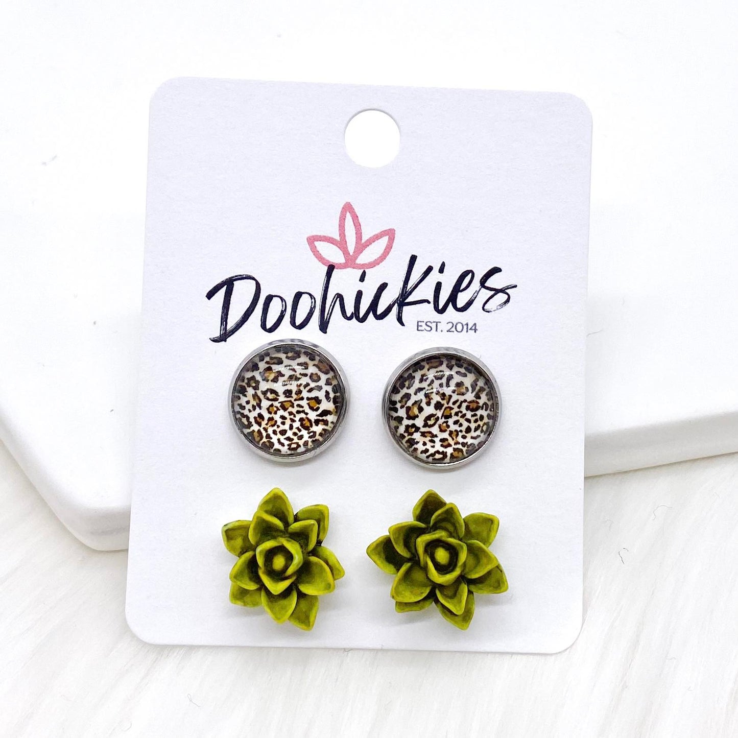 12mm Tan Leopard & Moss Succulents in Stainless Steel Settings -Fall Stud Earrings by Doohickies Wholesale