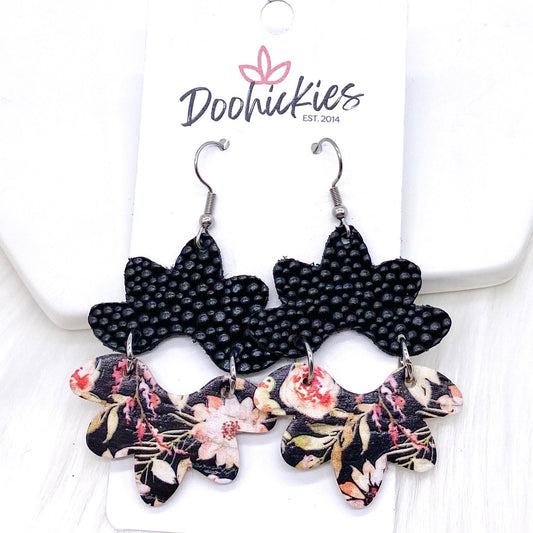 2.5" Black Stingray & Black Dahlia Blossoms -Fall Cork Earrings by Doohickies Wholesale