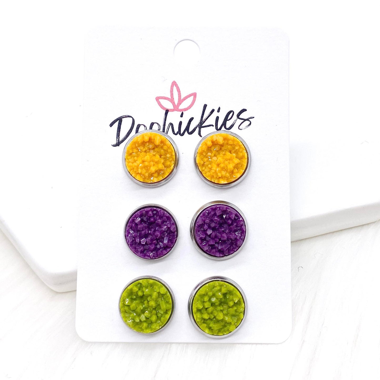 12mm Mustard/Plum/Moss in Stainless Steel Settings -Fall Stud Earrings by Doohickies Wholesale